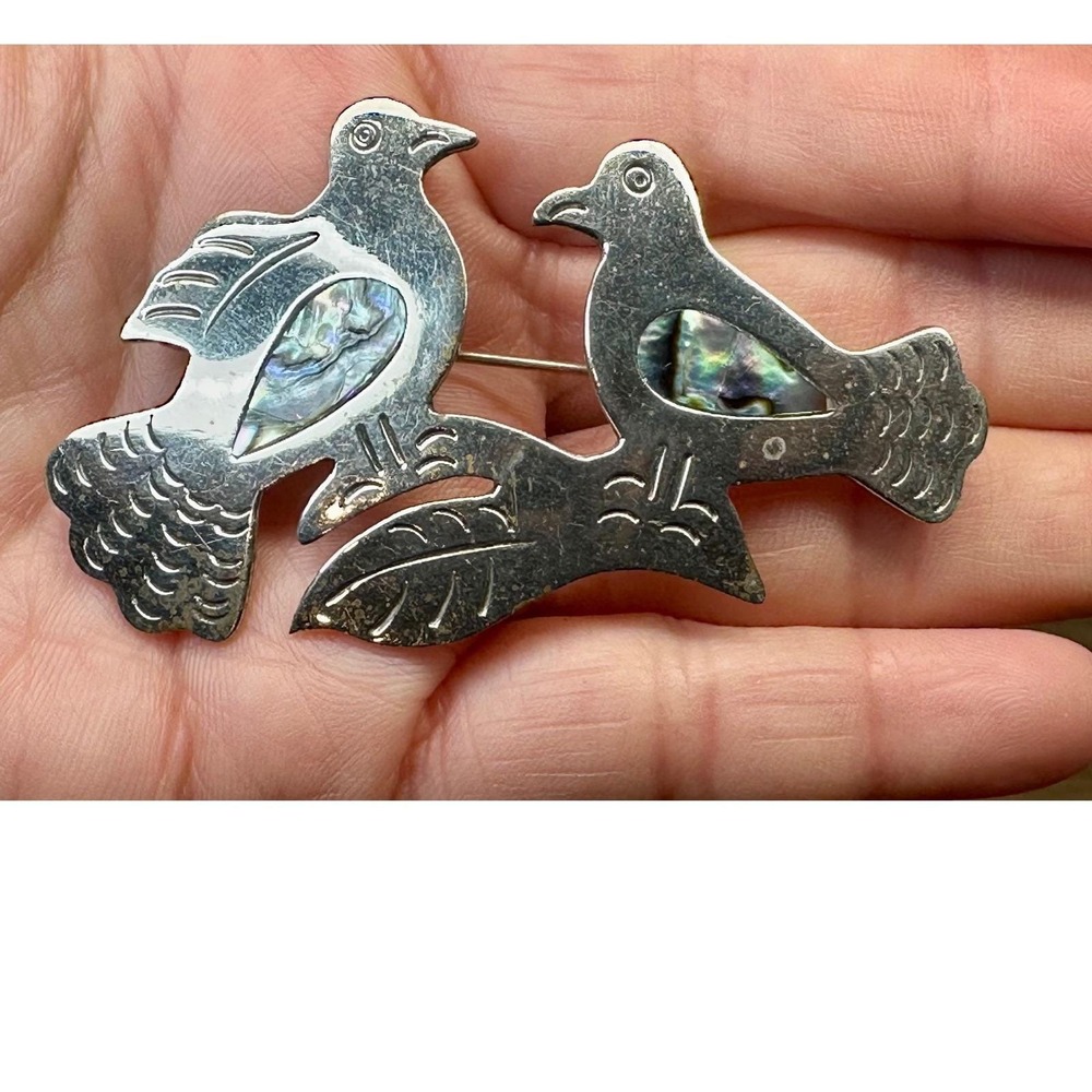 Vintage Alpaca Silver Mexico Abalone Double Bird Brooch Pin